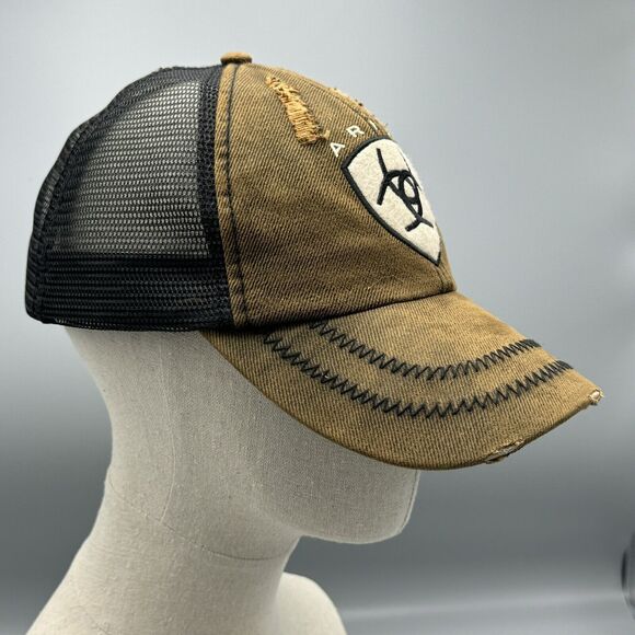 Distressed Ariat Brown Black Baseball Truckers Mesh Hat Adjustable Strap Western - Picture 5 of 12